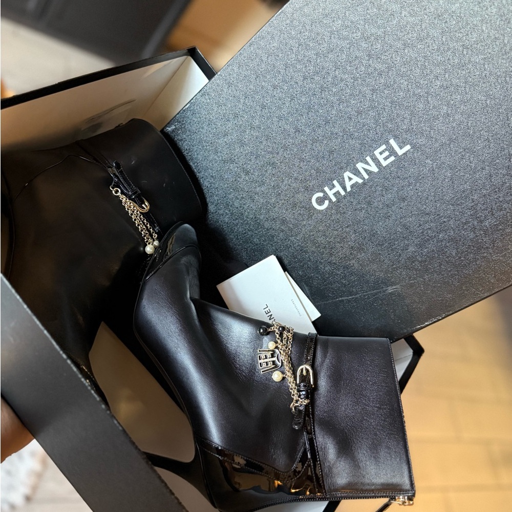 CHANEL Black Ankle Booties with Chain Detail